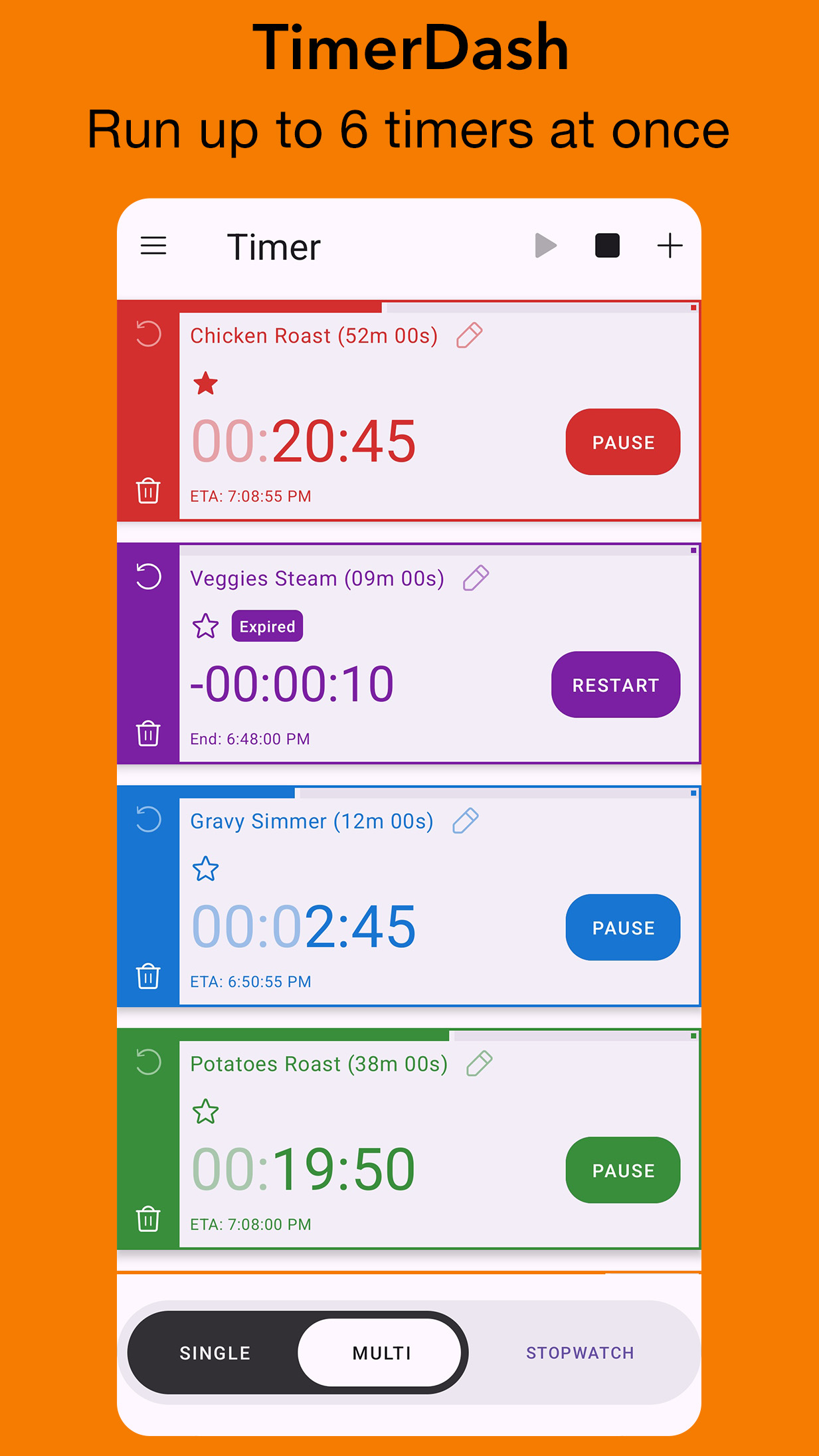 TimerDash: Screenshot of 6 timers running at once
