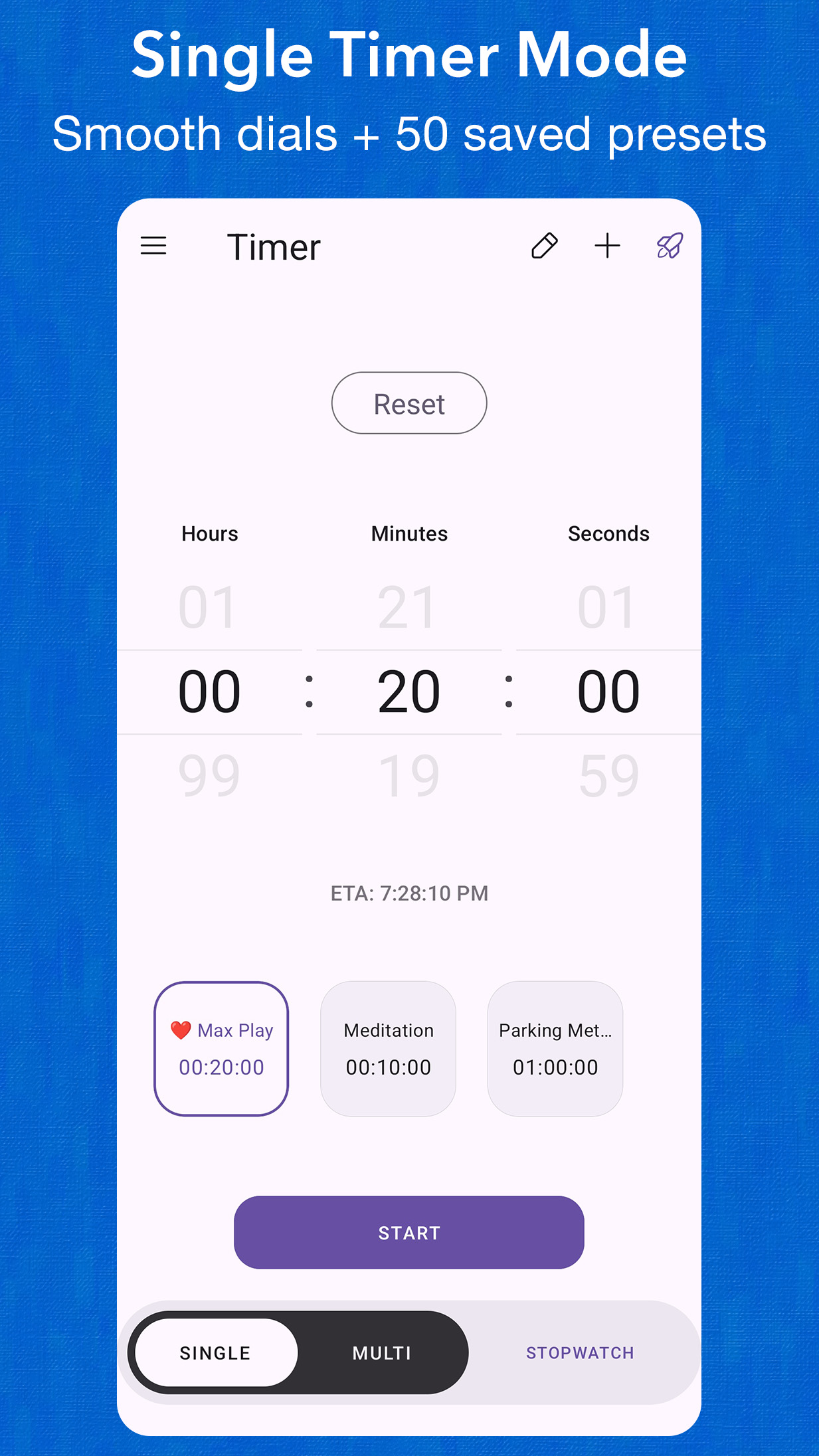 TimerDash: Screenshot of time selection dials and timer presets