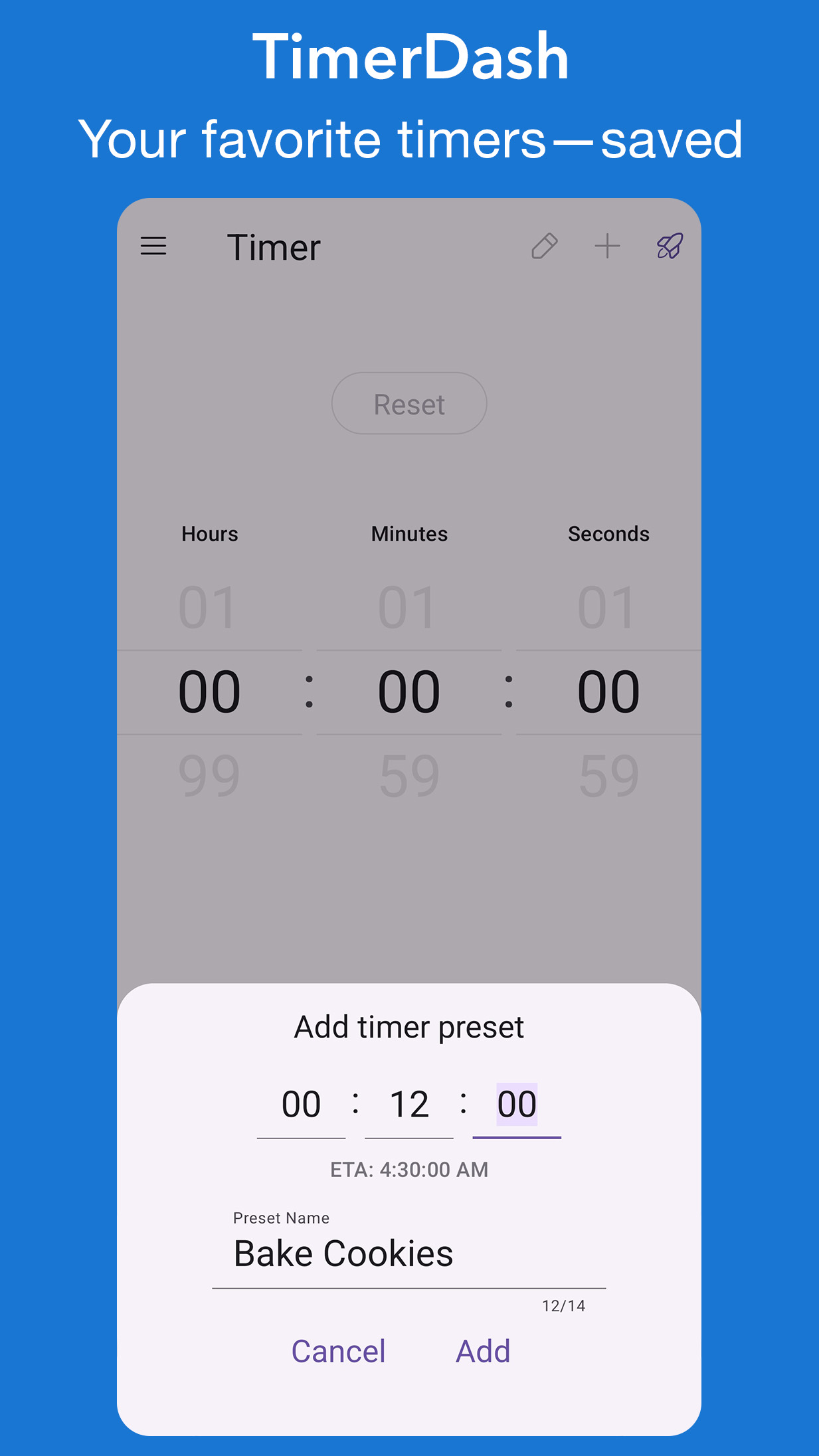 TimerDash: Screenshot of dialog that adds a timer preset