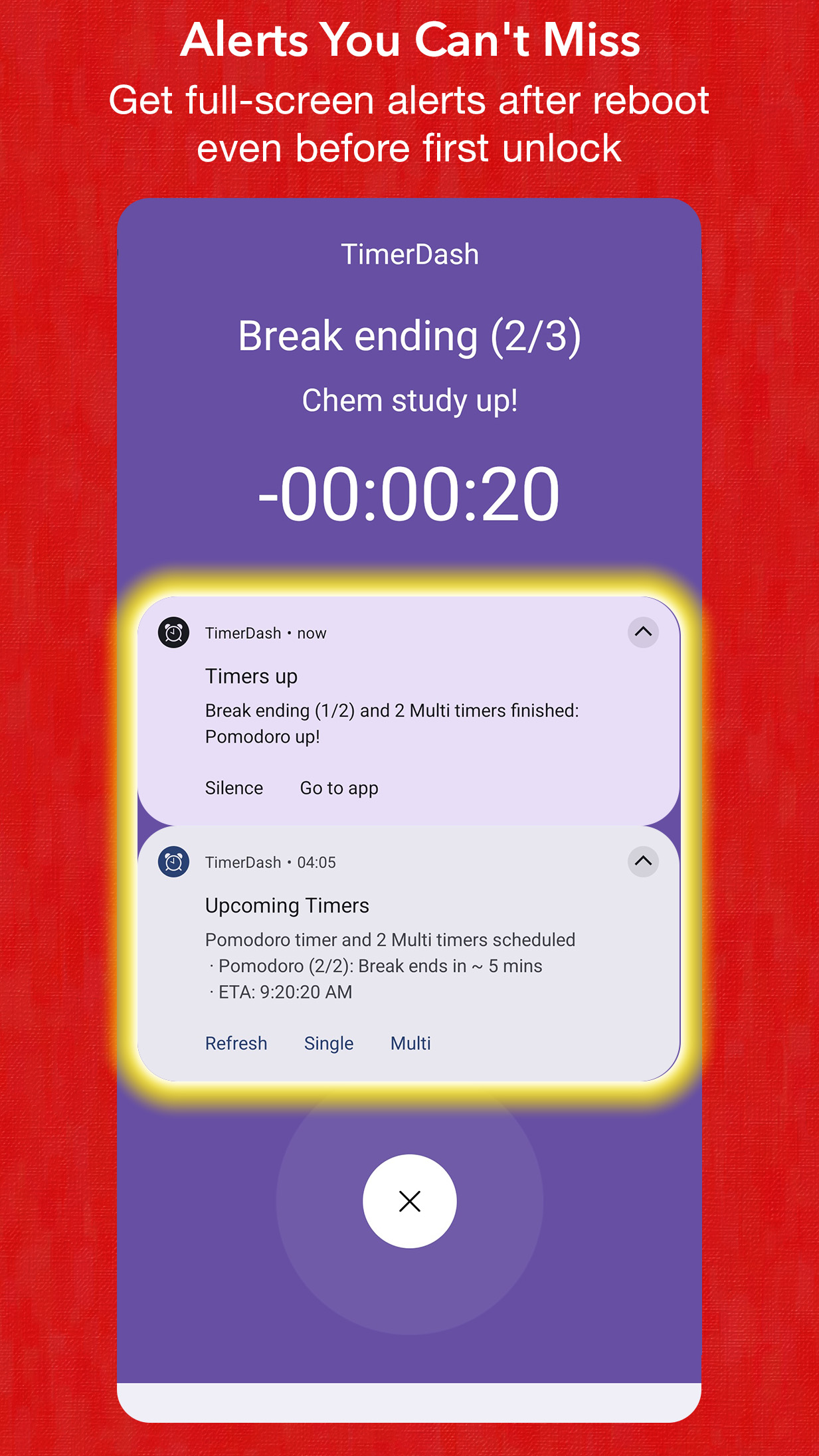 TimerDash: Full screen alert and regular notifications
