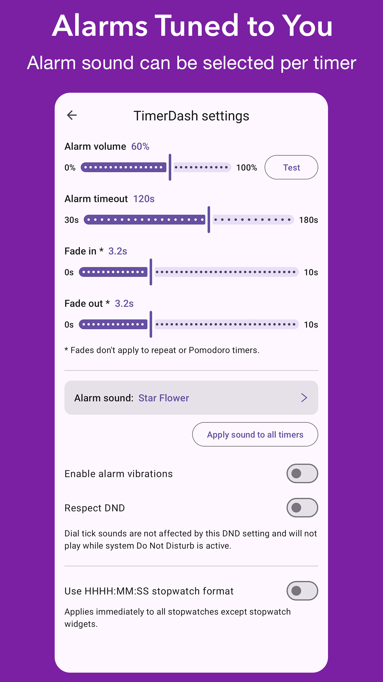 TimerDash: Settings screen
